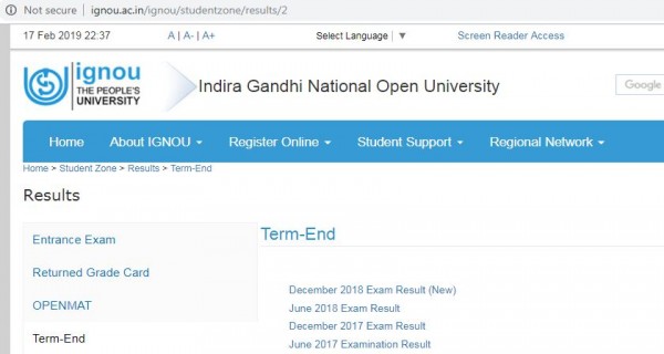 IGNOU Term End Results page