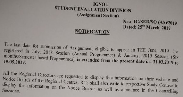 Last date of IGNOU Assignment submission extended