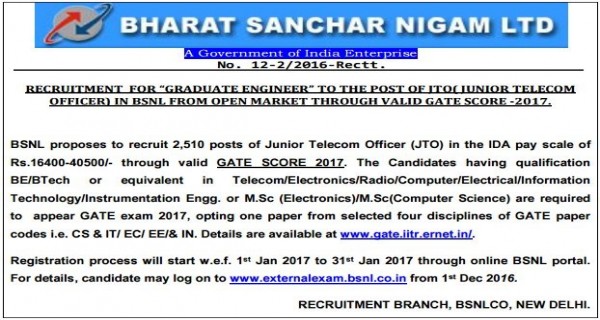 bsnl jto vacancy 2017